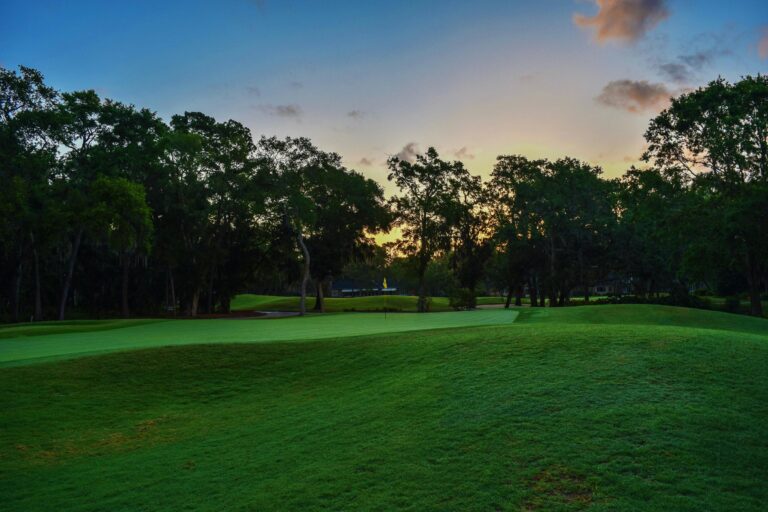 A tranquil golf course in Savannah, GA at dawn, surrounded by lush trees and soft sky colors.