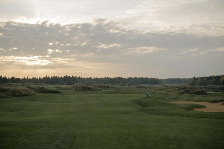 Expansive twilight view of a tranquil golf course with lush greenery under a dramatic sky.