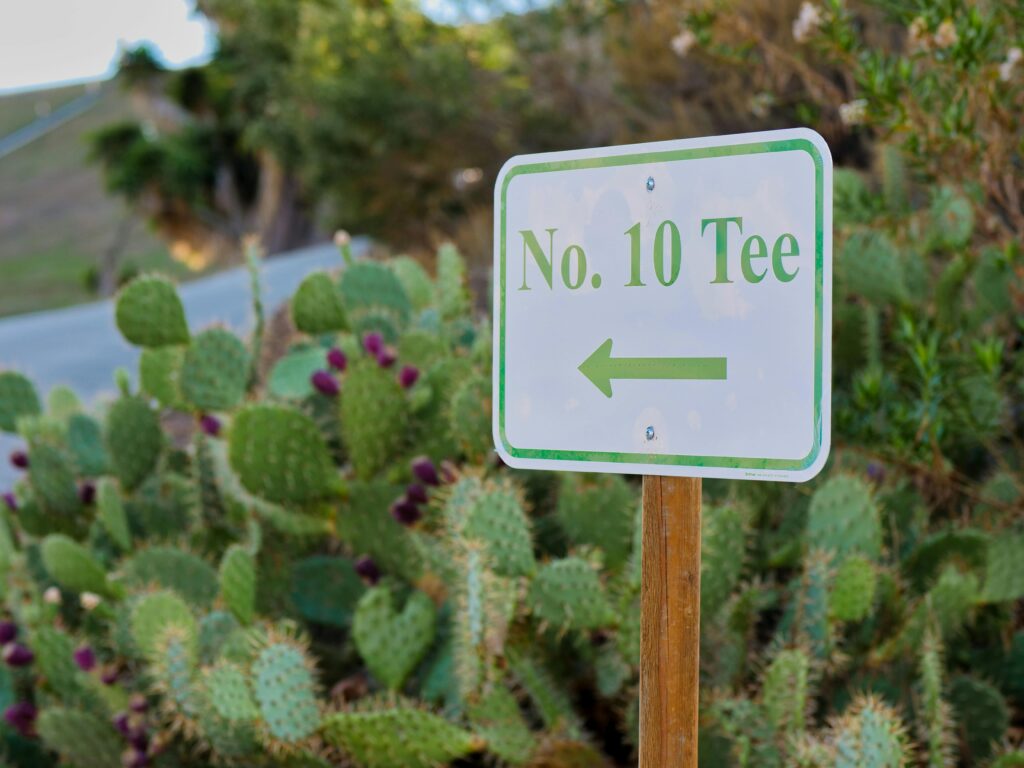 Golf course sign pointing to tee number 10 surrounded by lush prickly pear cactus.